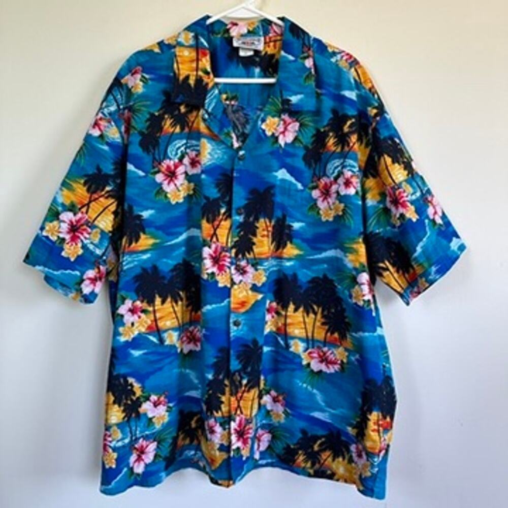 Pacific Legend Vintage Hawaiian Shirt 3XL Blue Tropical Palm Island Button Down
